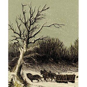 1880's Victorian Trade Card Winter Snow Work Horses Pulling Wood Pile!